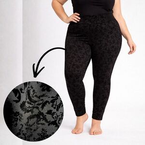 Black Velvet Burnout Floral Leggings Women's XL High Waist Stretch Elastic Pants